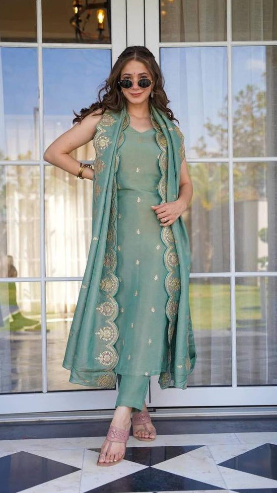 Prisha Sage Green Embroidered Suit Set