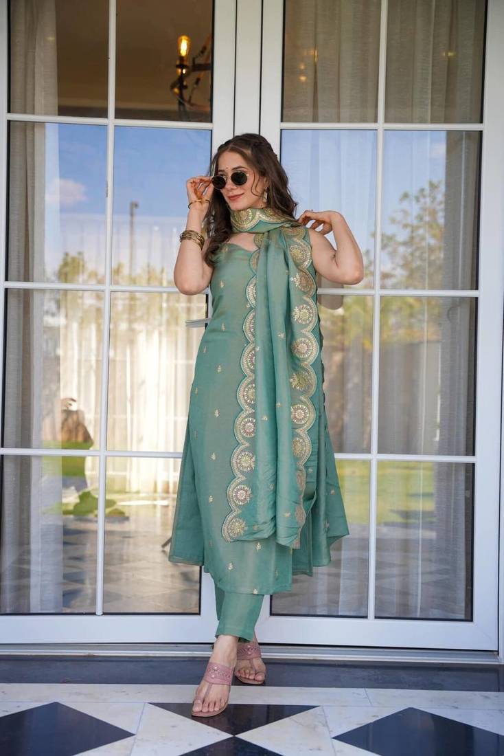 Prisha Sage Green Embroidered Suit Set