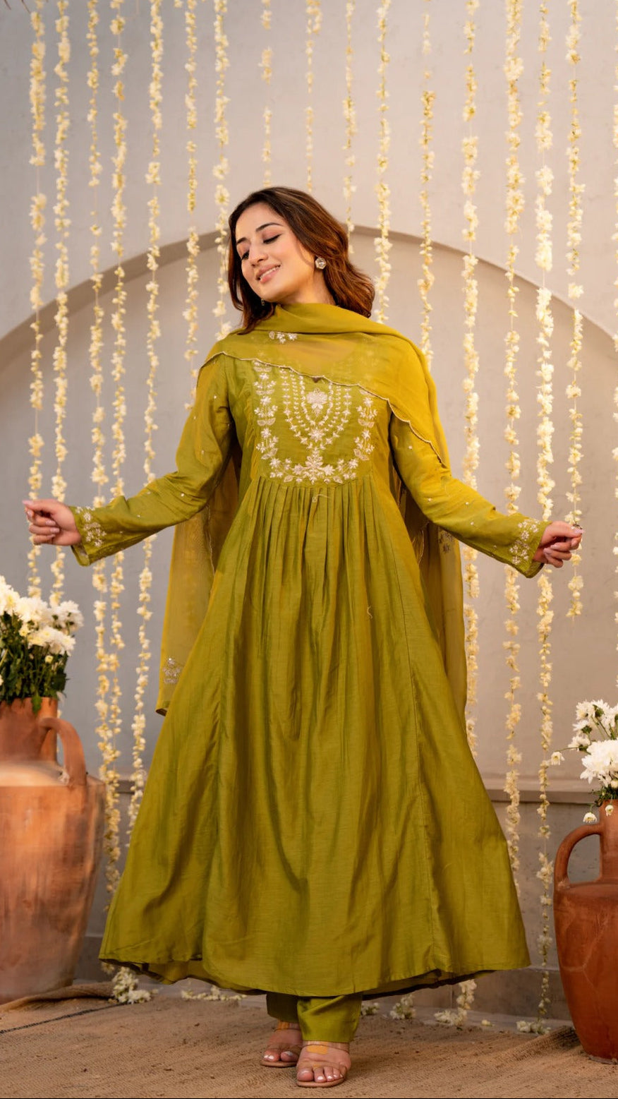Sharvari Olive Green Embroidered Anarkali Suit Set