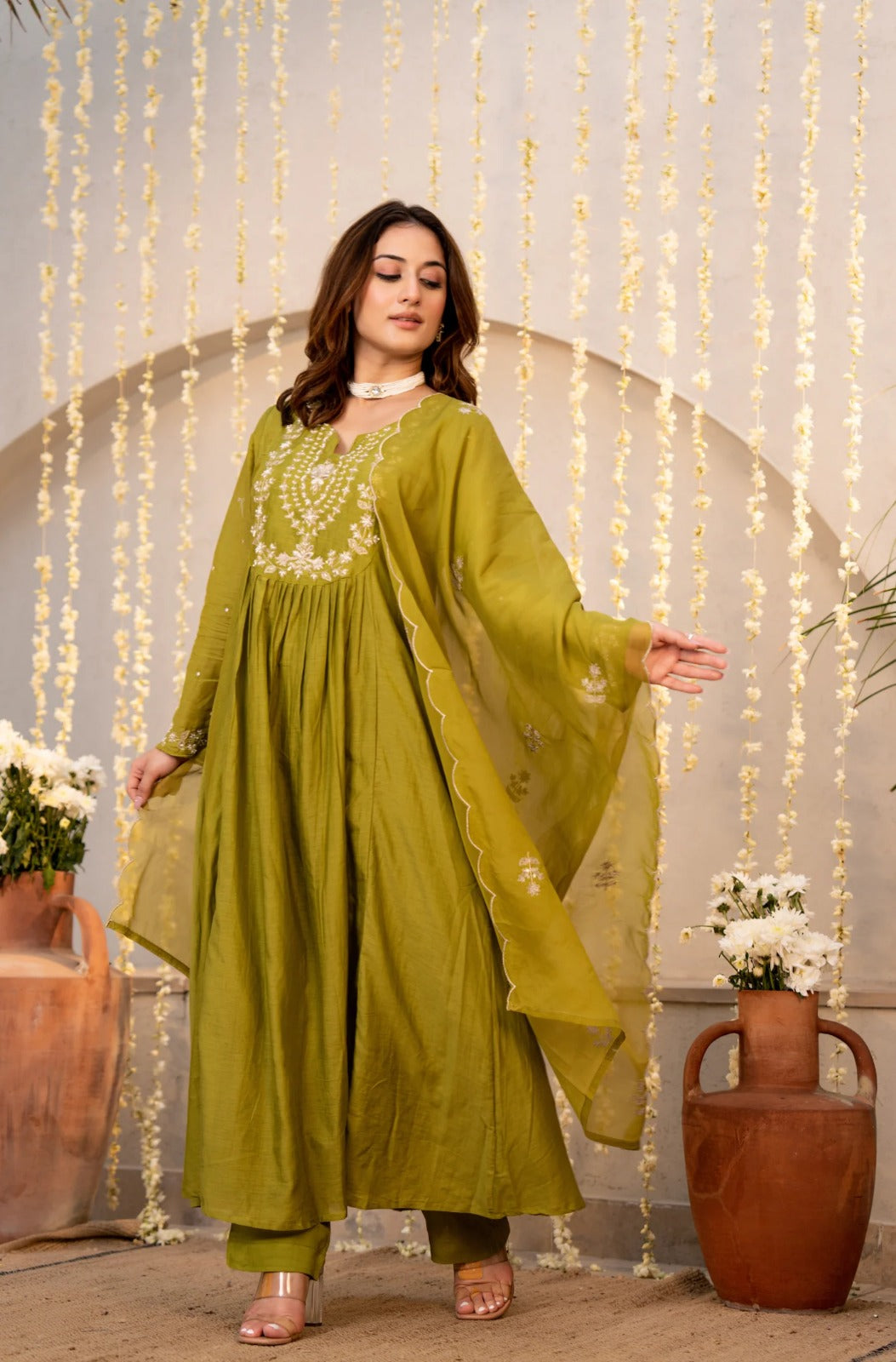 Sharvari Olive Green Embroidered Anarkali Suit Set