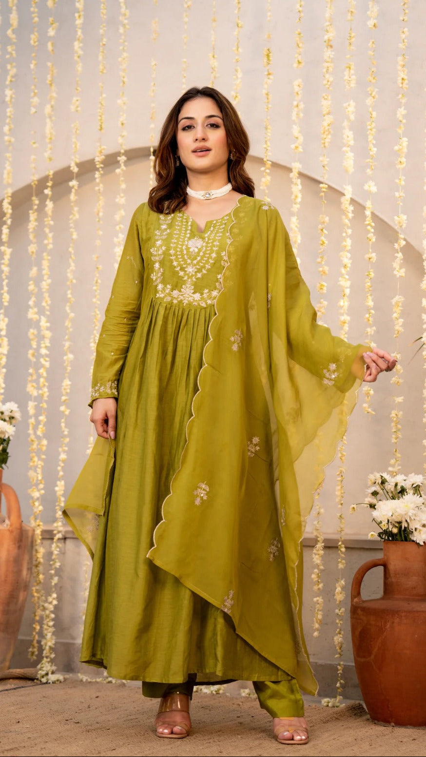 Sharvari Olive Green Embroidered Anarkali Suit Set