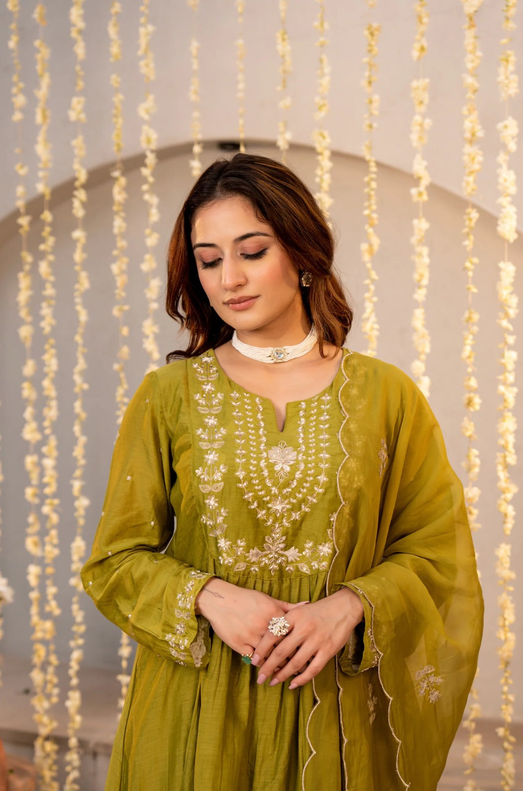 Sharvari Olive Green Embroidered Anarkali Suit Set