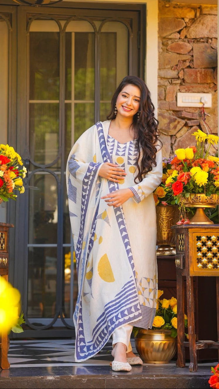 Isha Off-White & Indigo Block Print Suit Set