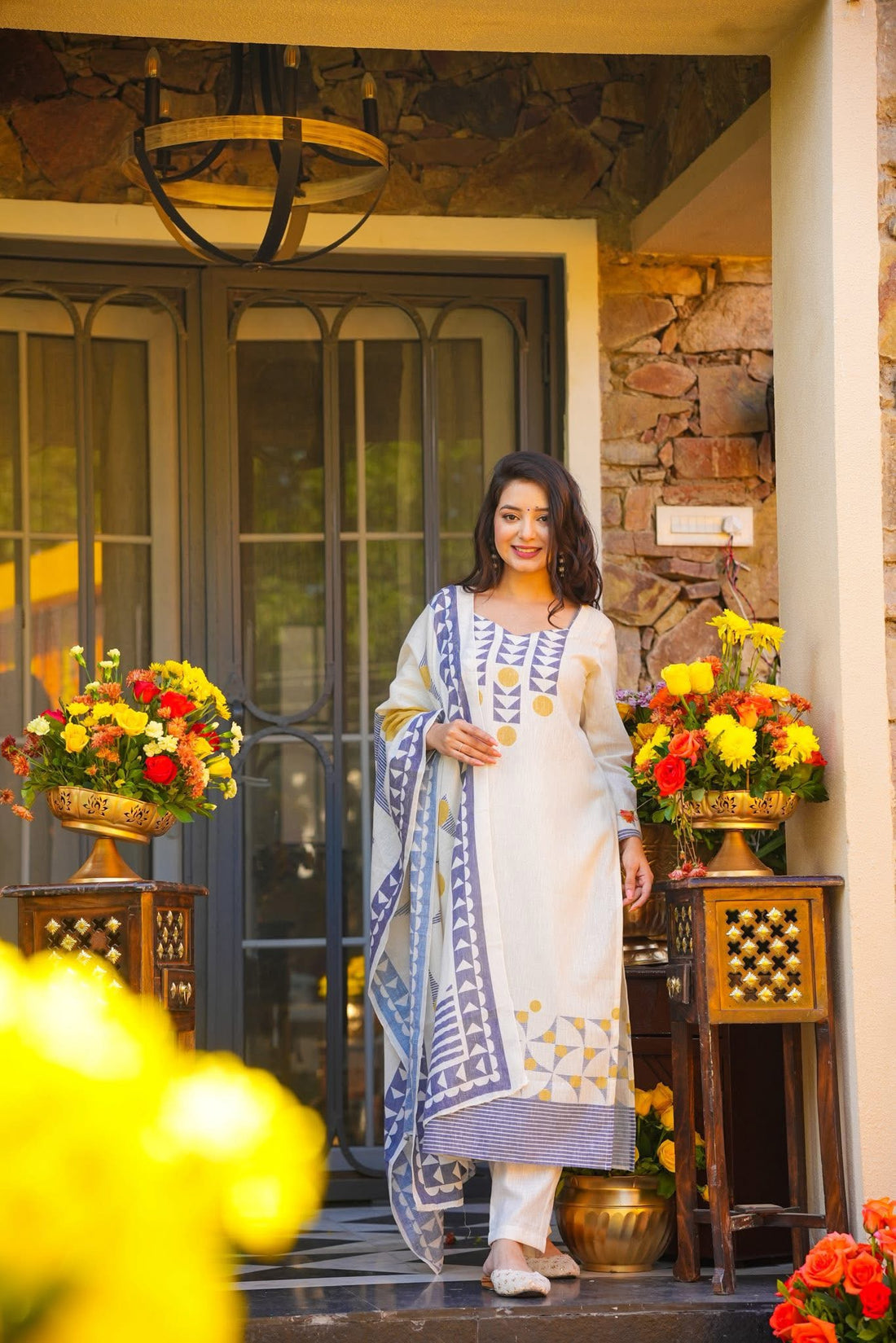 Isha Off-White & Indigo Block Print Suit Set