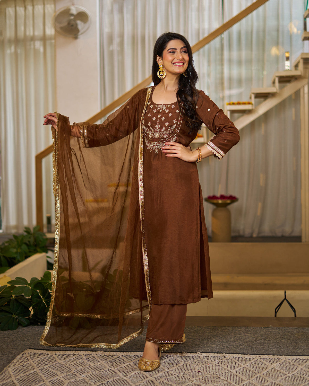 Mahika Chocolate Brown Silk Handwork Suit Set