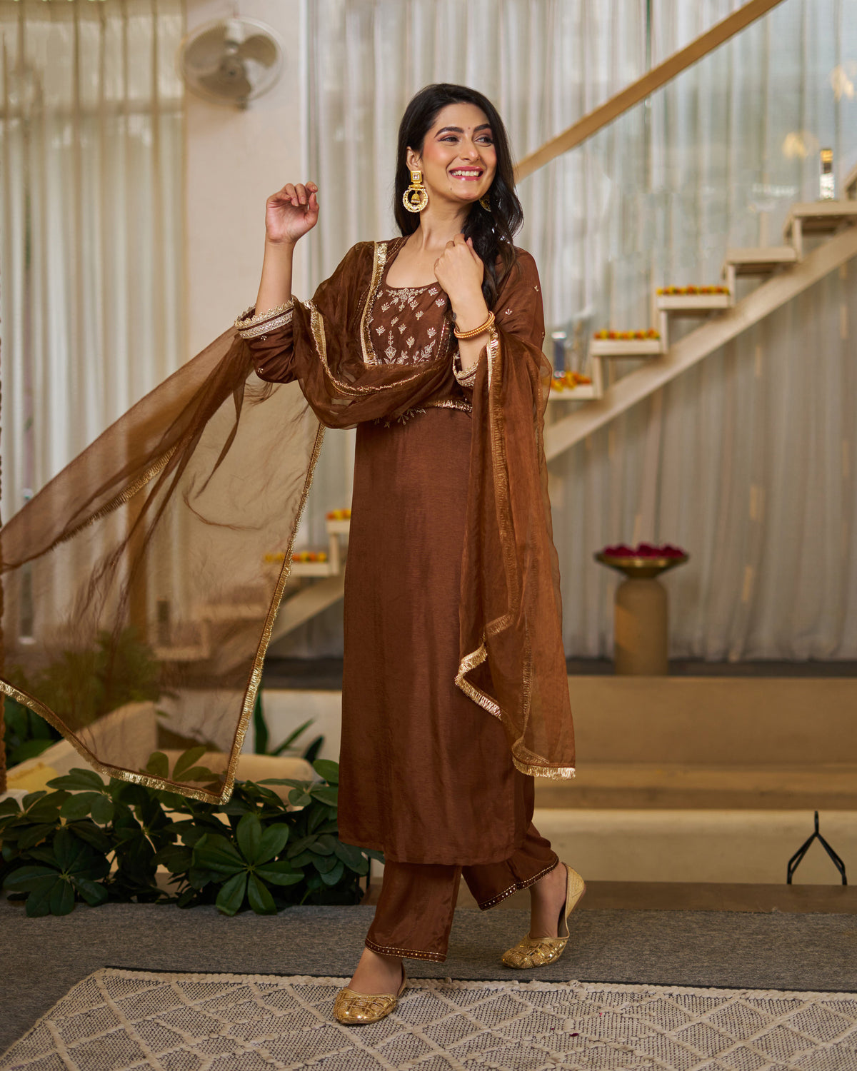 Mahika Chocolate Brown Silk Handwork Suit Set