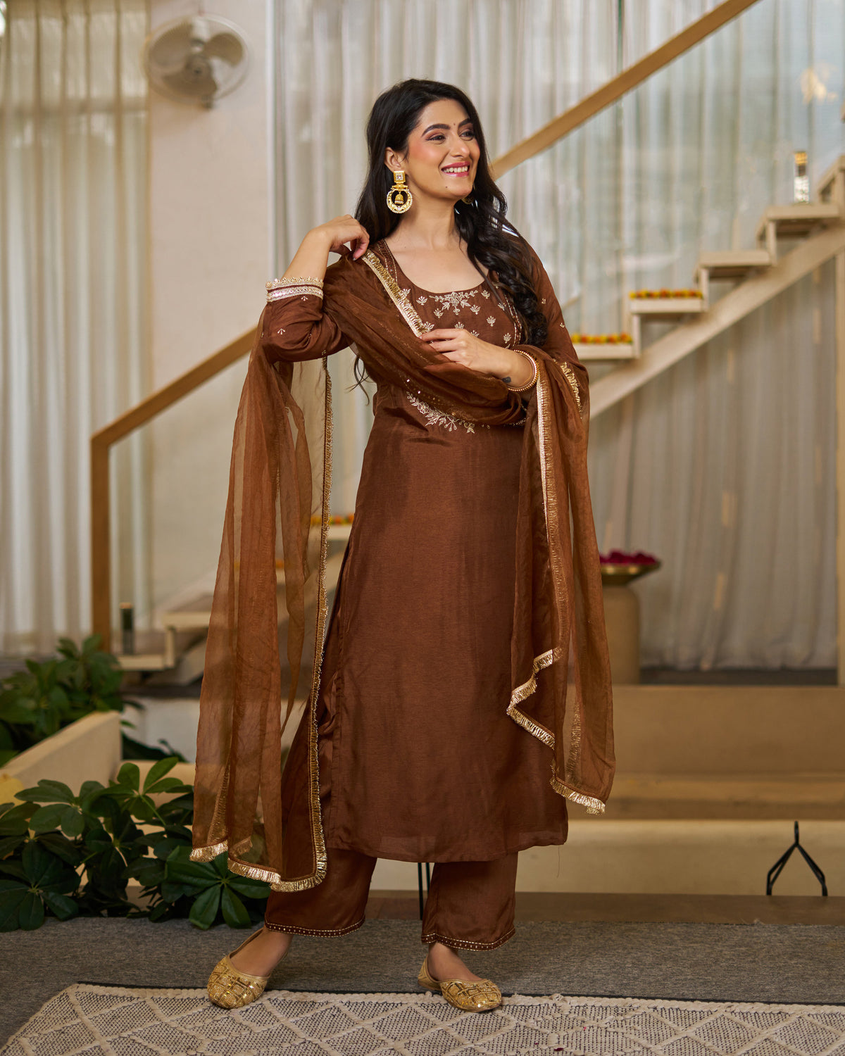 Mahika Chocolate Brown Silk Handwork Suit Set