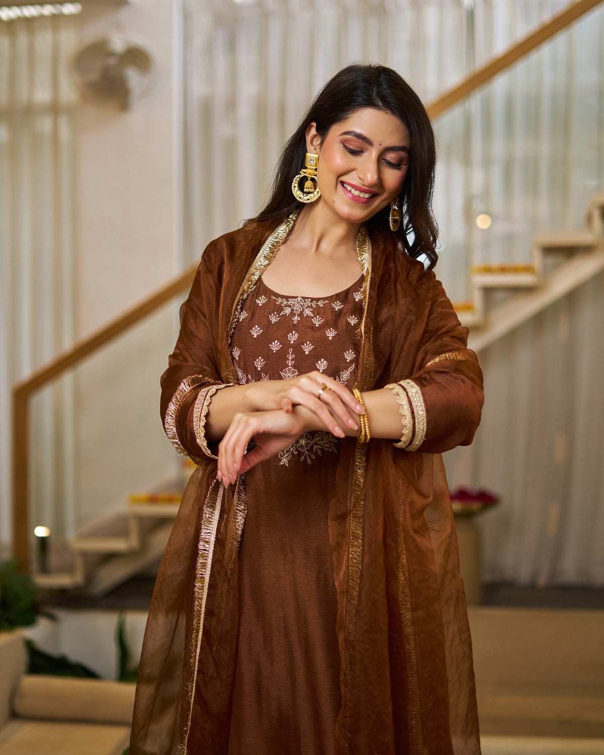 Mahika Chocolate Brown Silk Handwork Suit Set