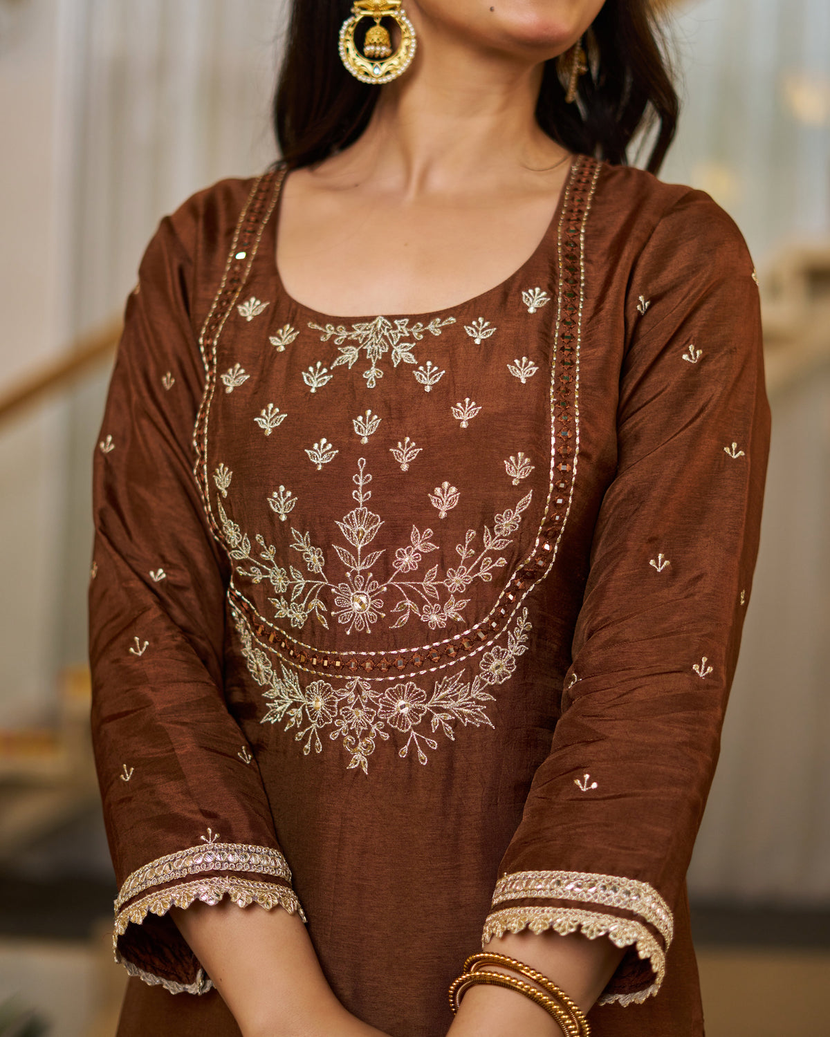 Mahika Chocolate Brown Silk Handwork Suit Set