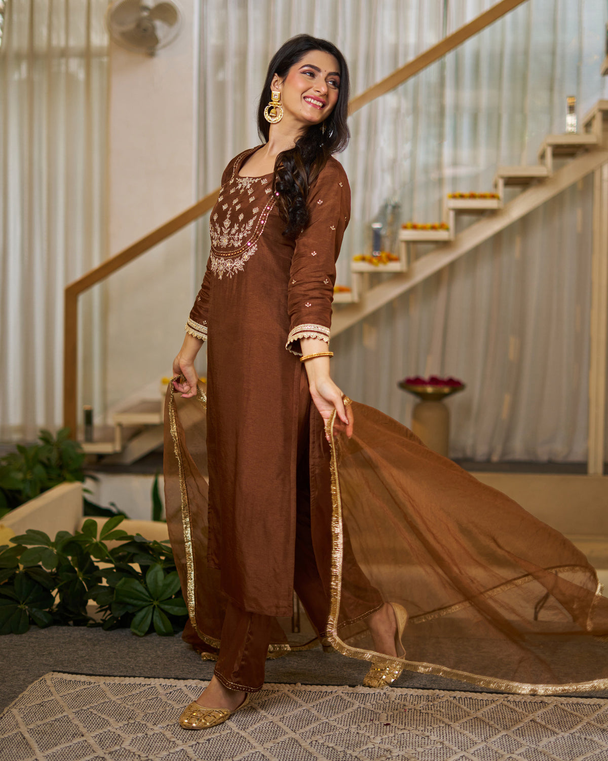Mahika Chocolate Brown Silk Handwork Suit Set