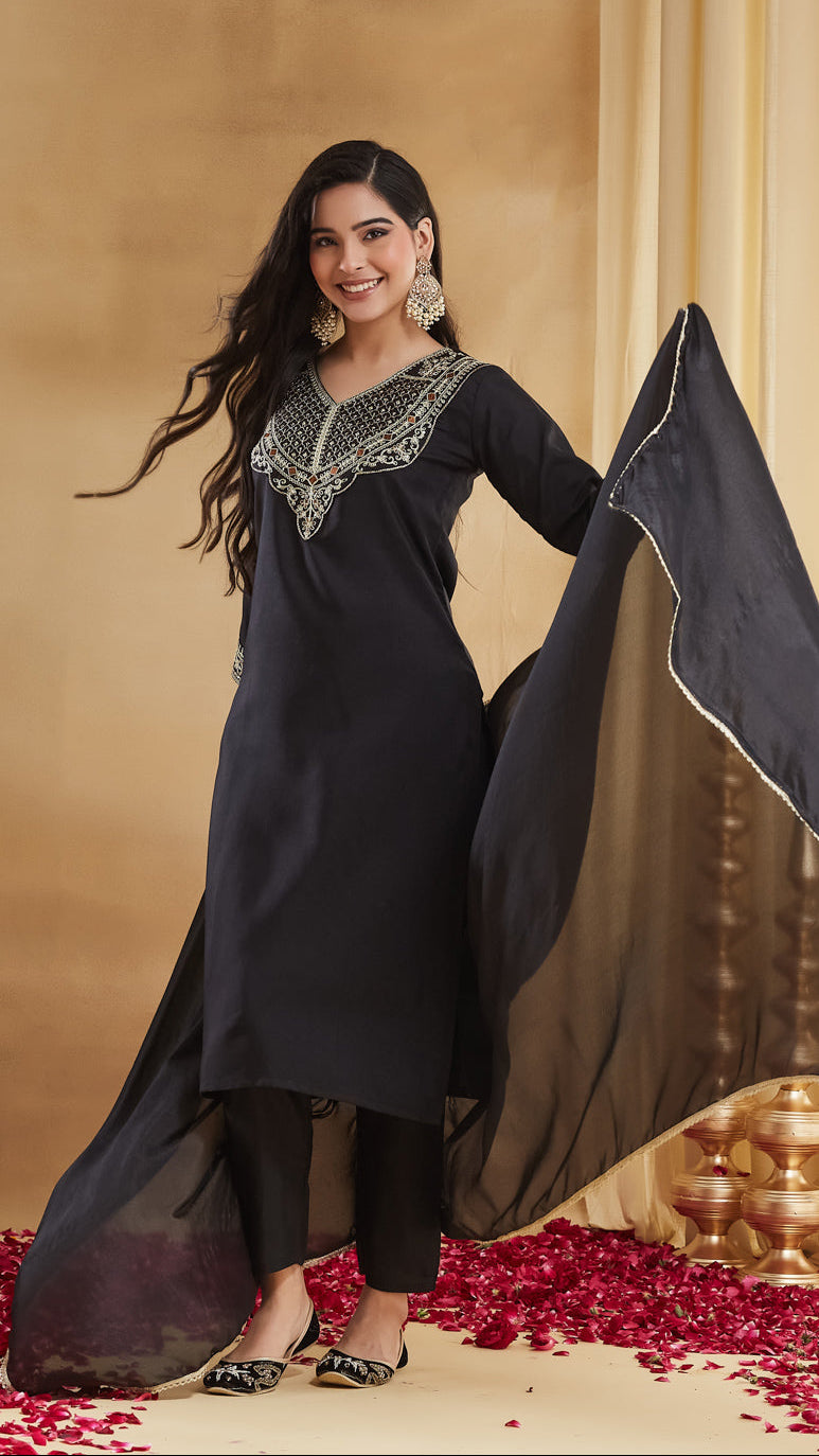 Meher Jet Black Zari Embroidered Suit Set
