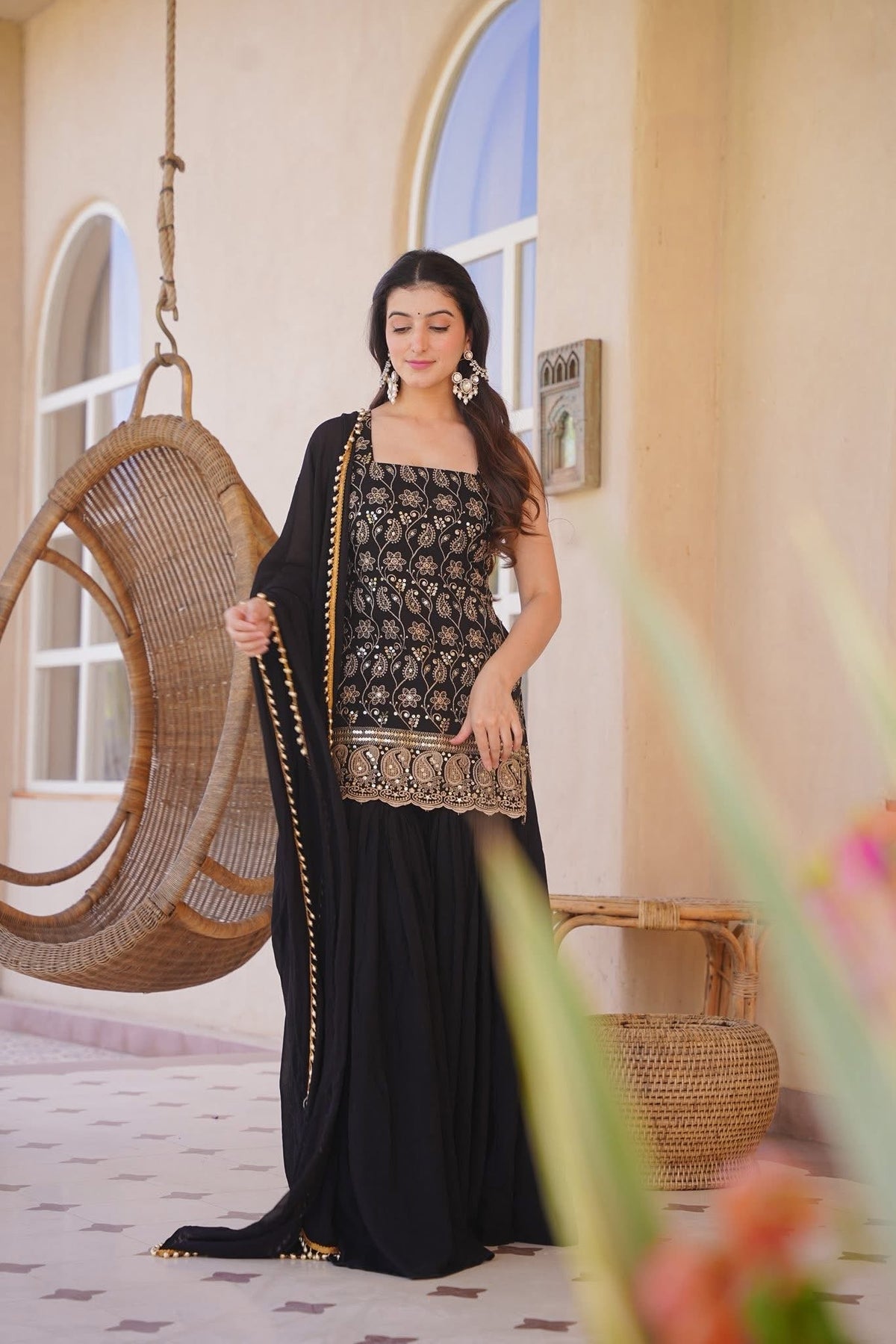 Riddhima Black Zari Embroidered Sharara Suit Set