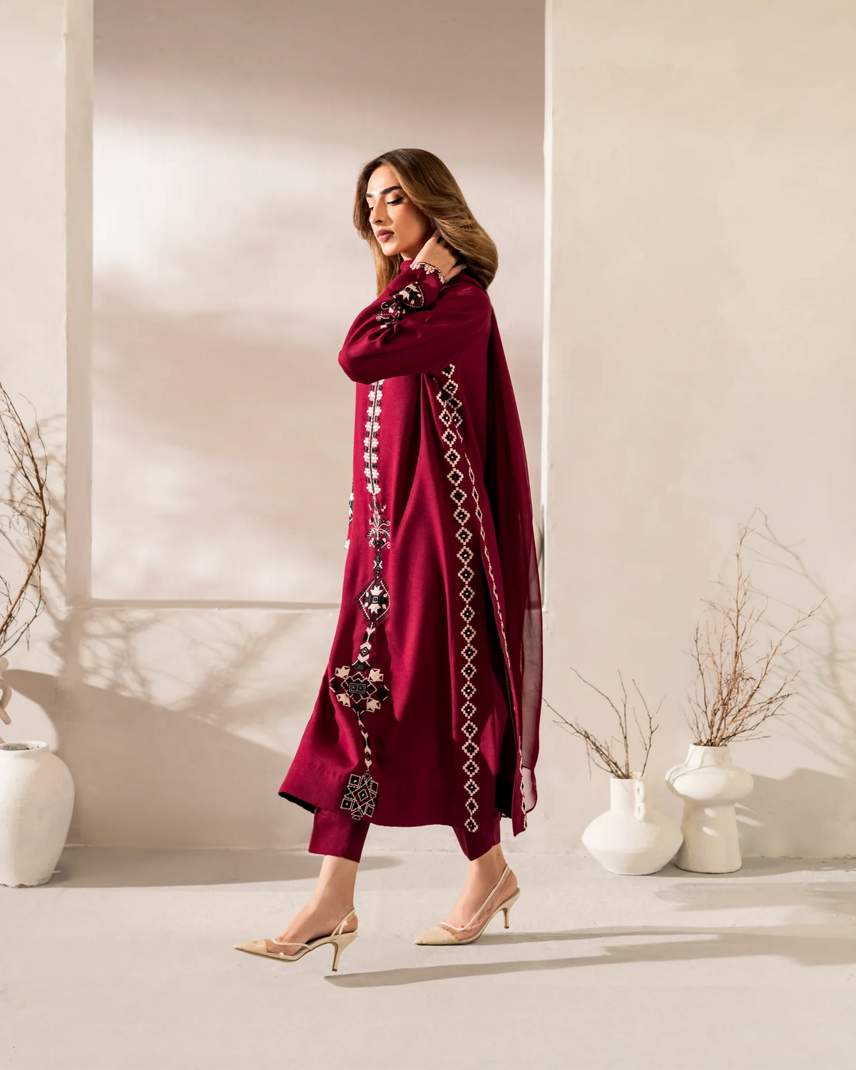 Maahe Deep Maroon Embroidered Suit Set