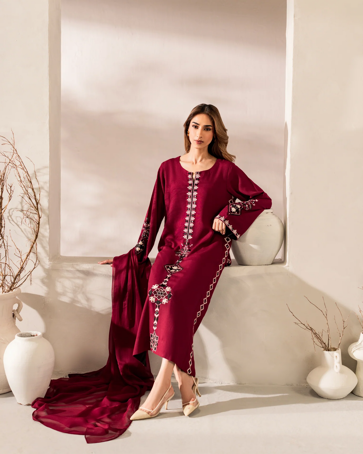 Maahe Deep Maroon Embroidered Suit Set