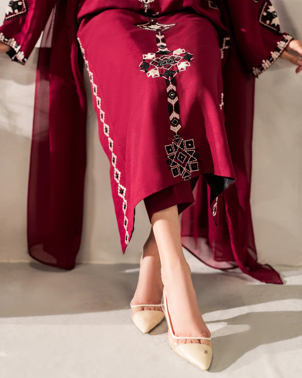 Maahe Deep Maroon Embroidered Suit Set