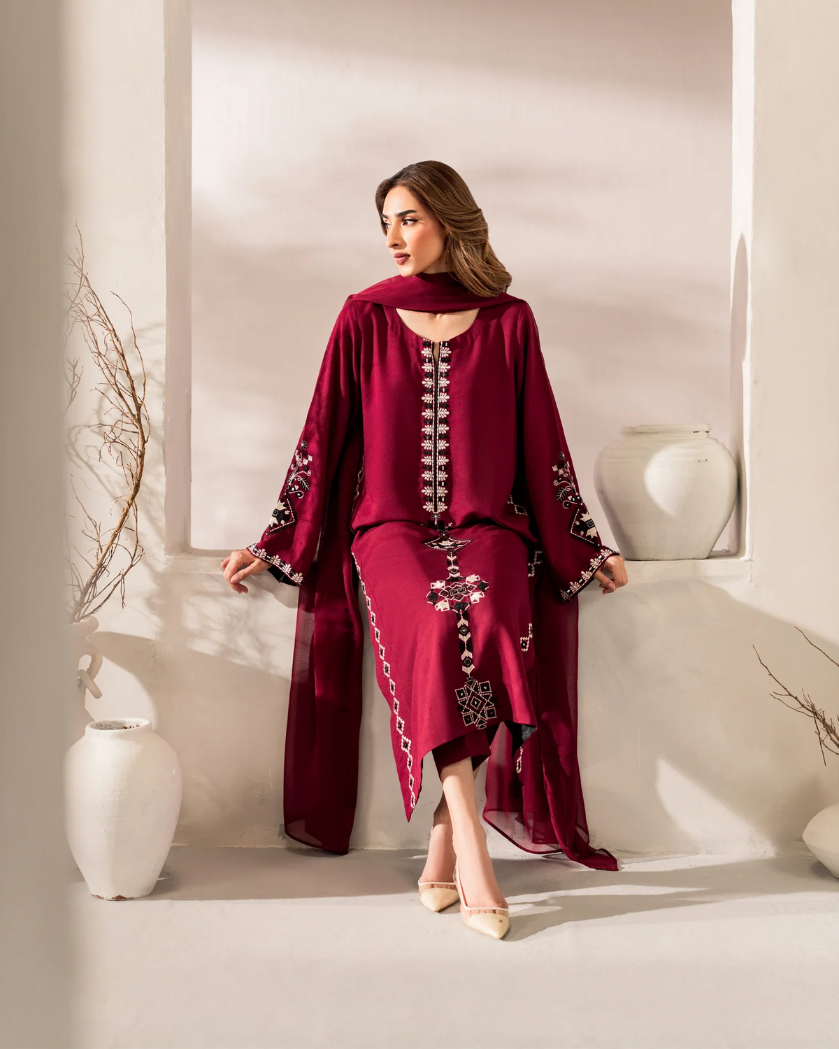 Maahe Deep Maroon Embroidered Suit Set