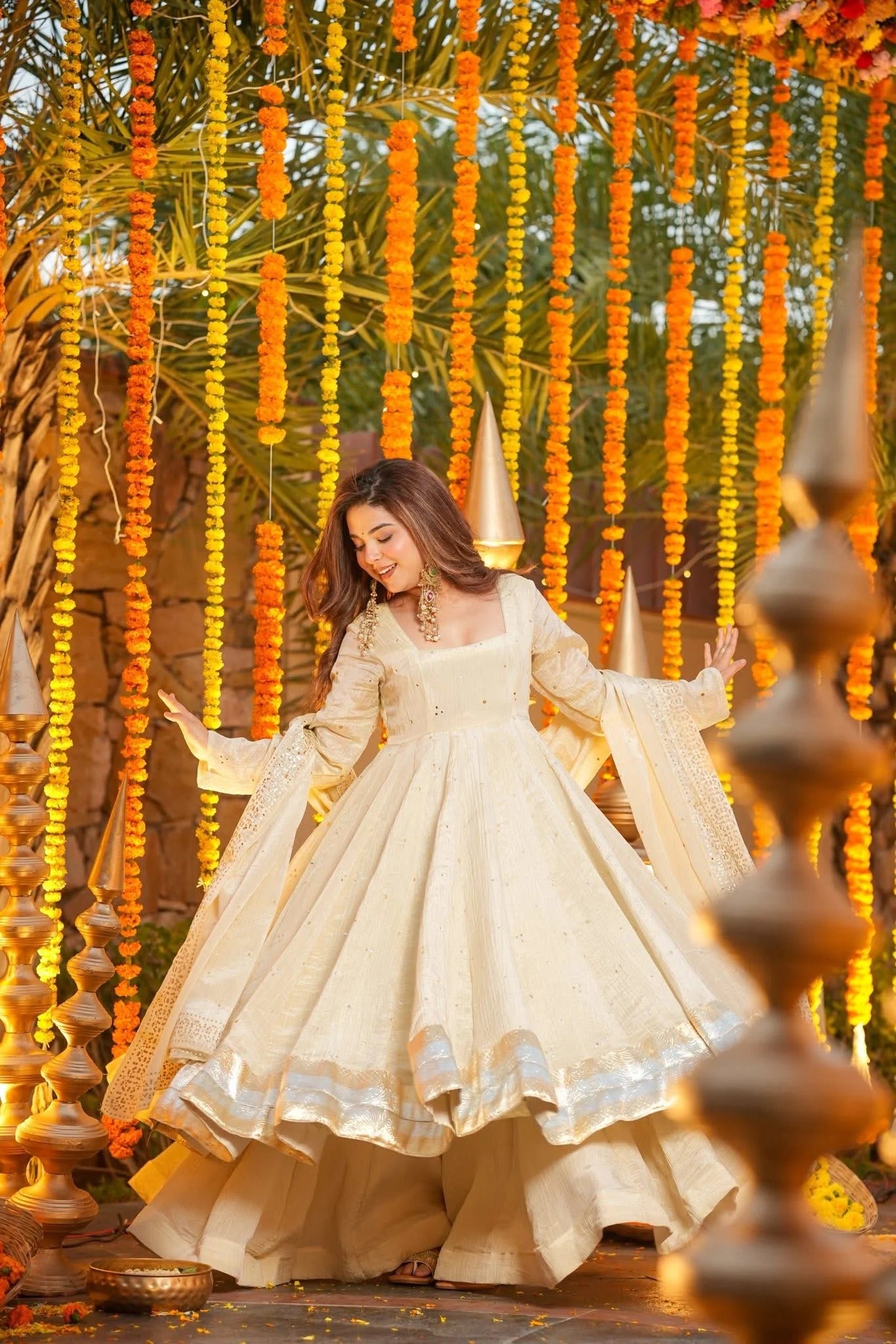 Rajwada Ivory Foil Print Anarkali Suit Set