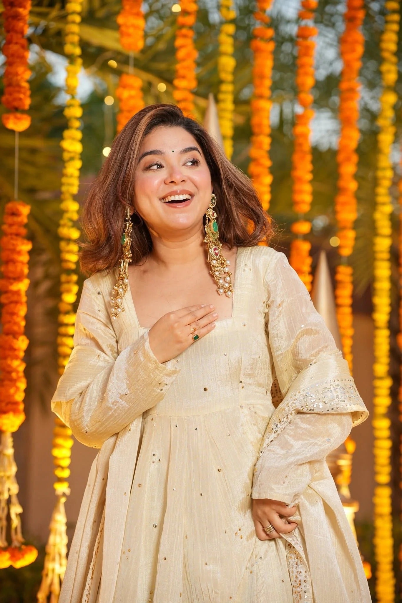 Rajwada Ivory Foil Print Anarkali Suit Set