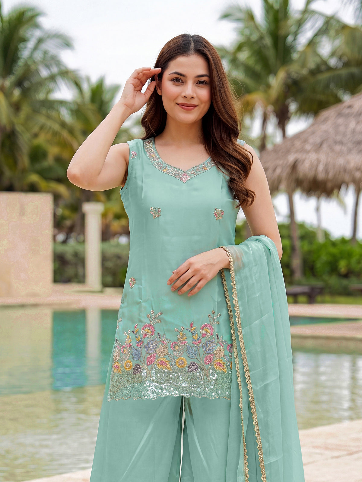 Delightful Sea Green Embroidered Suit Set