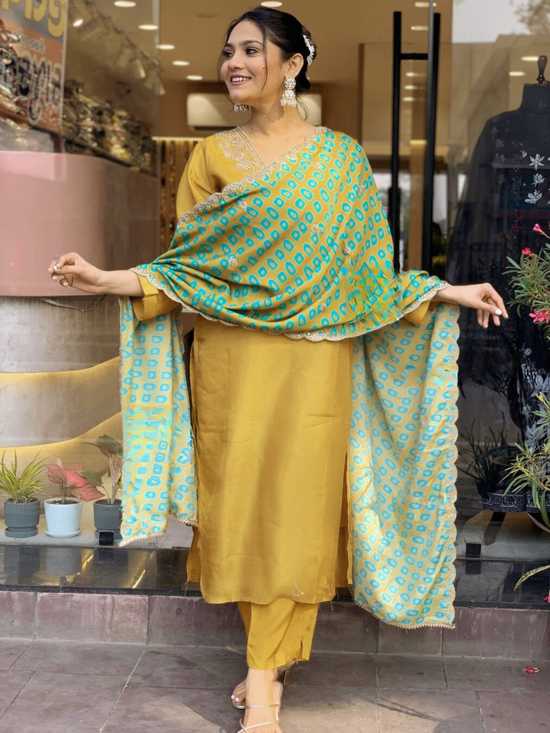 Elegant Pure Viscose yellow Embroidary Work Suit Set