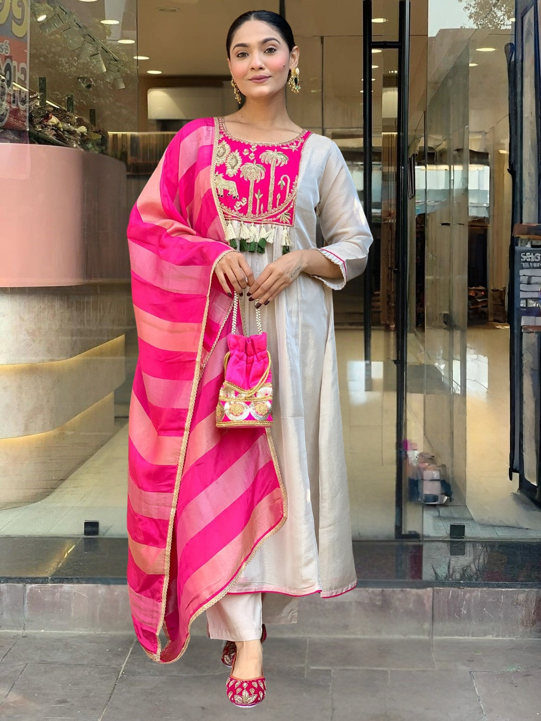 Zivaara Embroidered Ivory Pink Suit Set