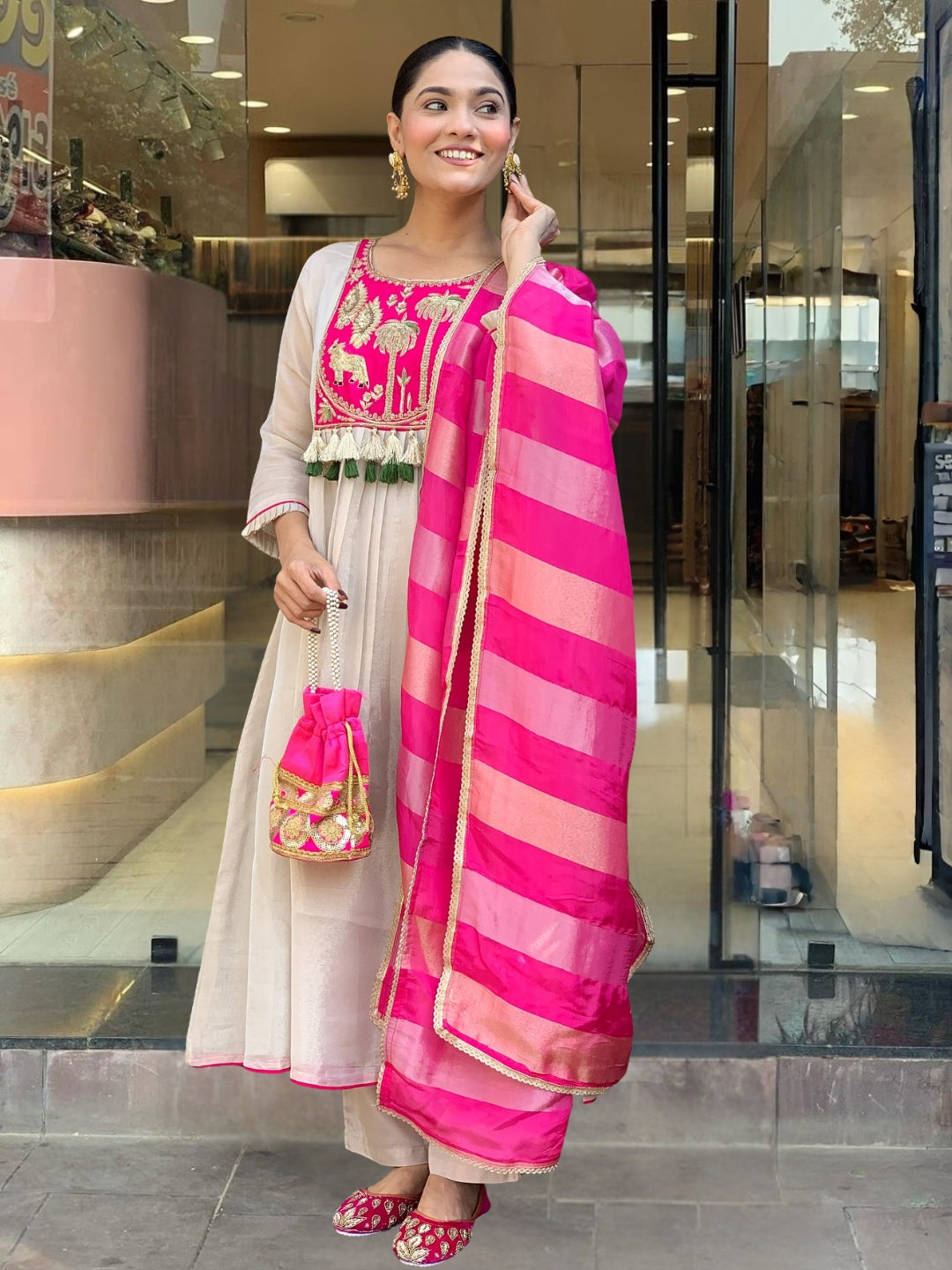 Zivaara Embroidered Ivory Pink Suit Set