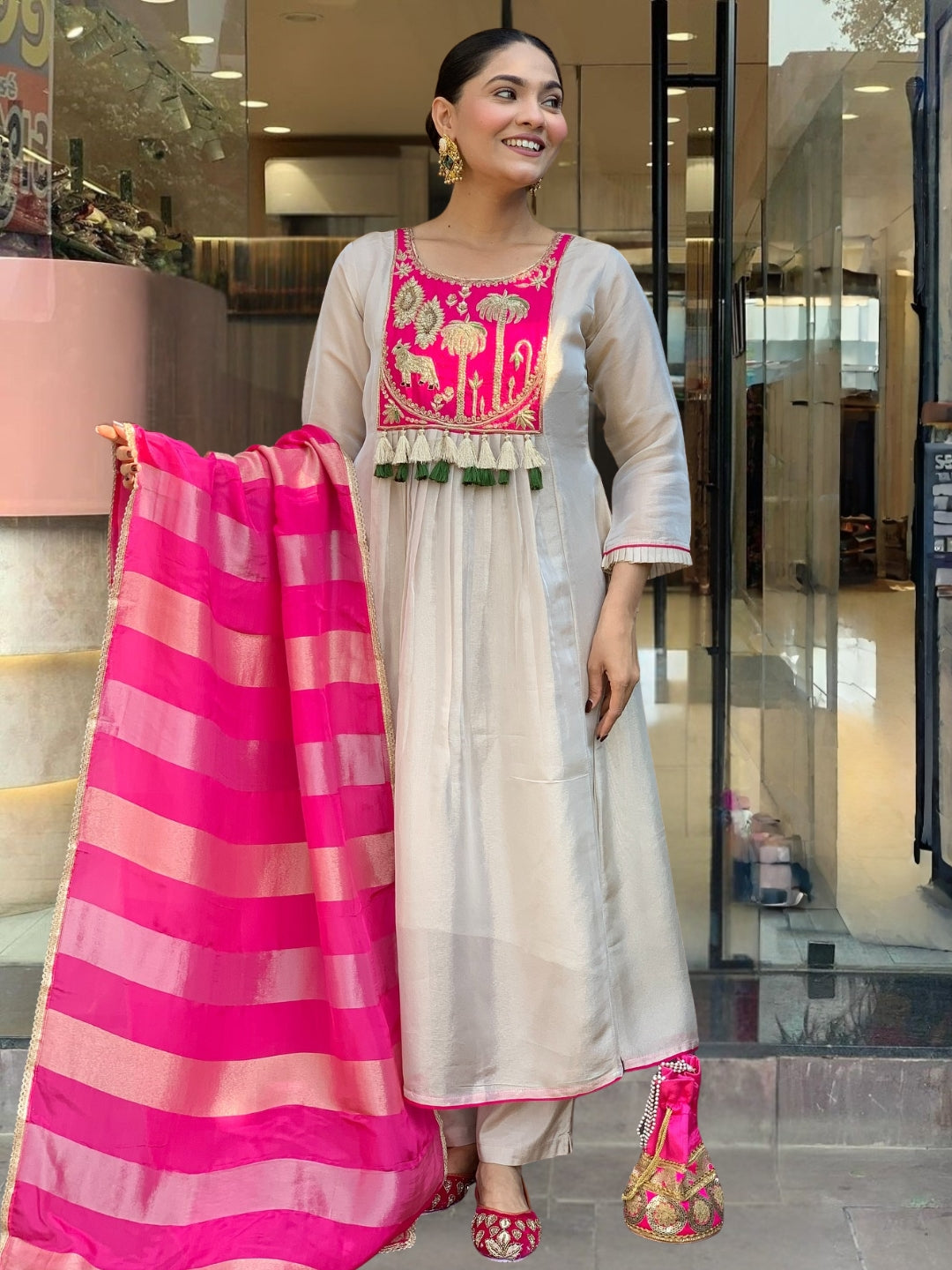 Zivaara Embroidered Ivory Pink Suit Set