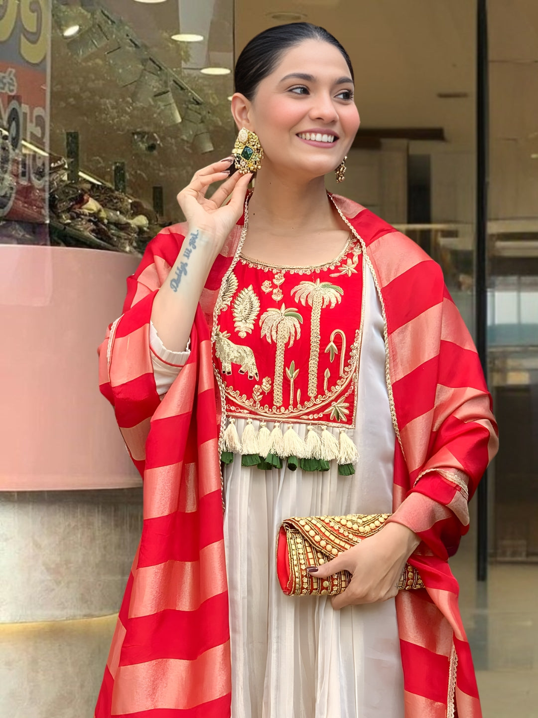 Zivaara Embroidered Ivory Red Suit Set