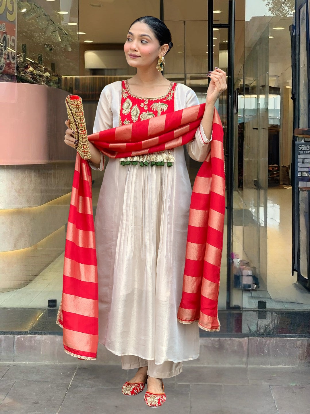 Zivaara Embroidered Ivory Red Suit Set