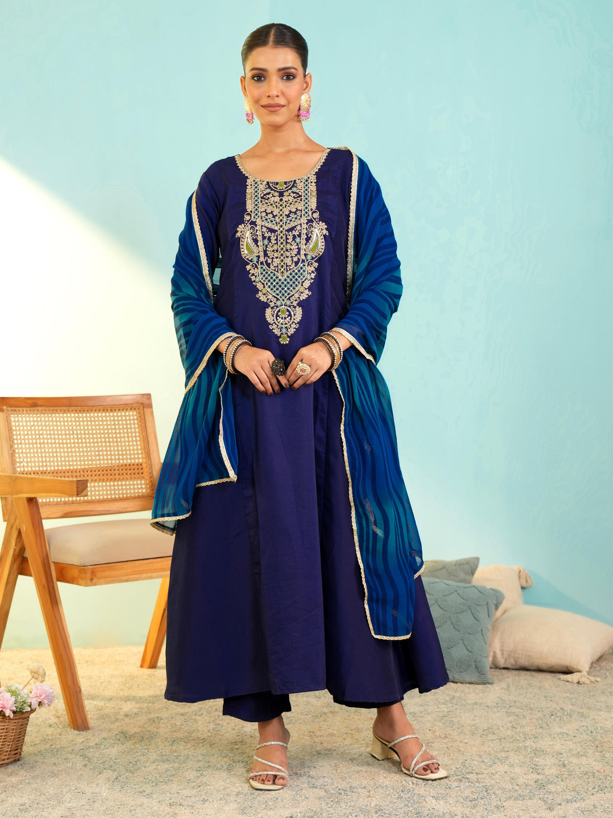Royal Blue Embroidered Anarkali Suit Set
