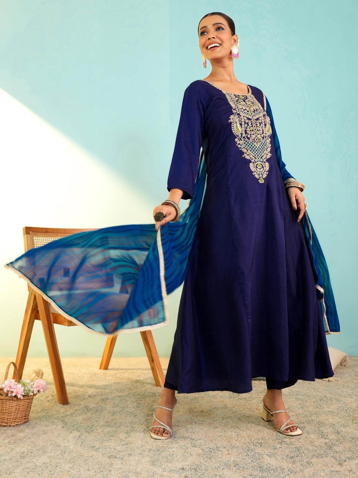 Royal Blue Embroidered Anarkali Suit Set