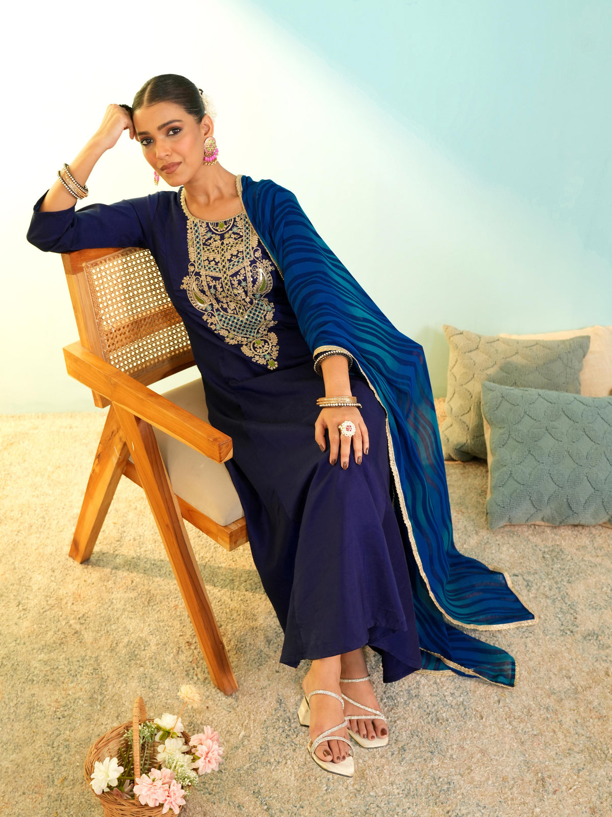 Royal Blue Embroidered Anarkali Suit Set