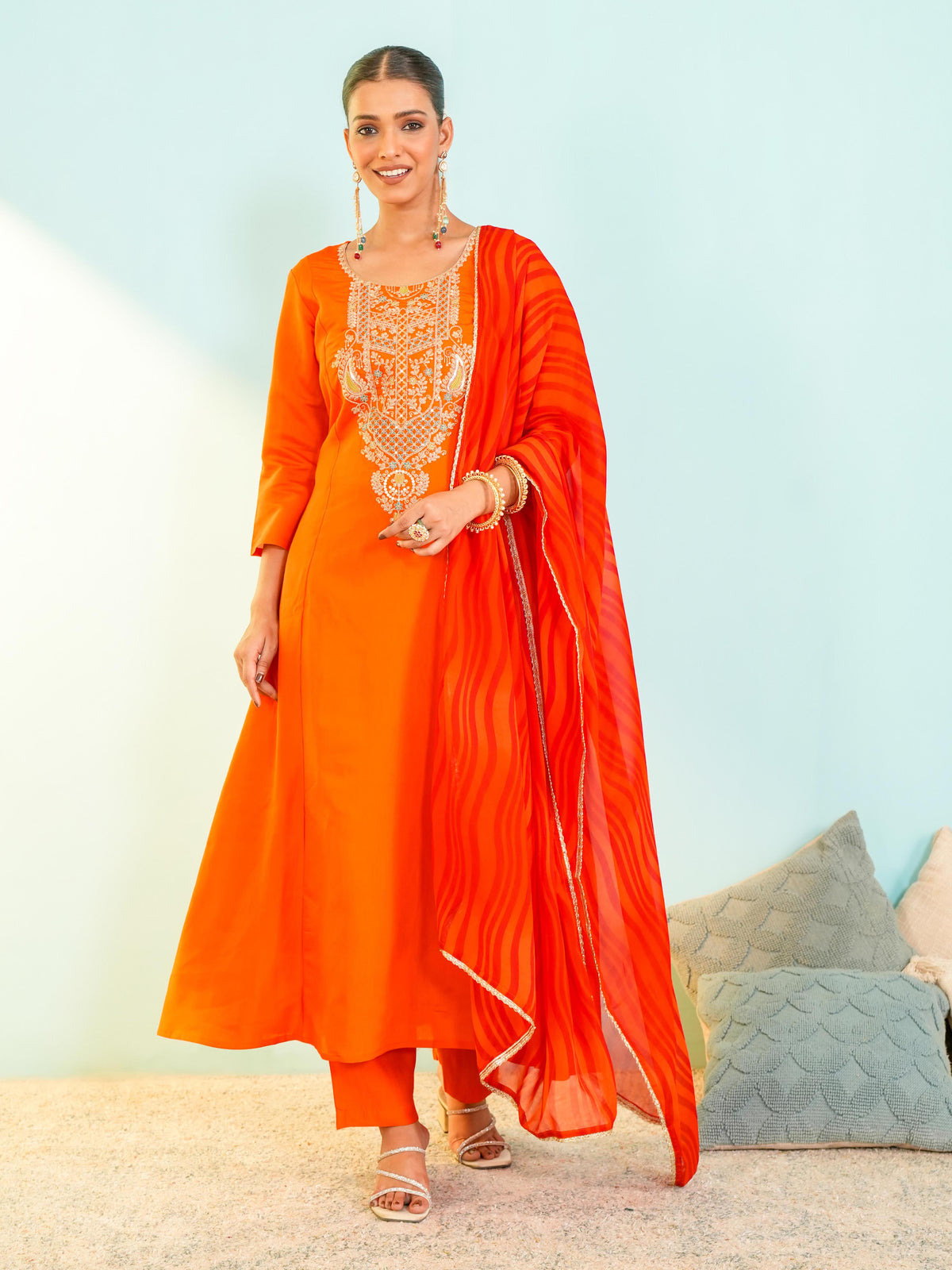 Royal Orange Embroidered Anarkali Suit Set