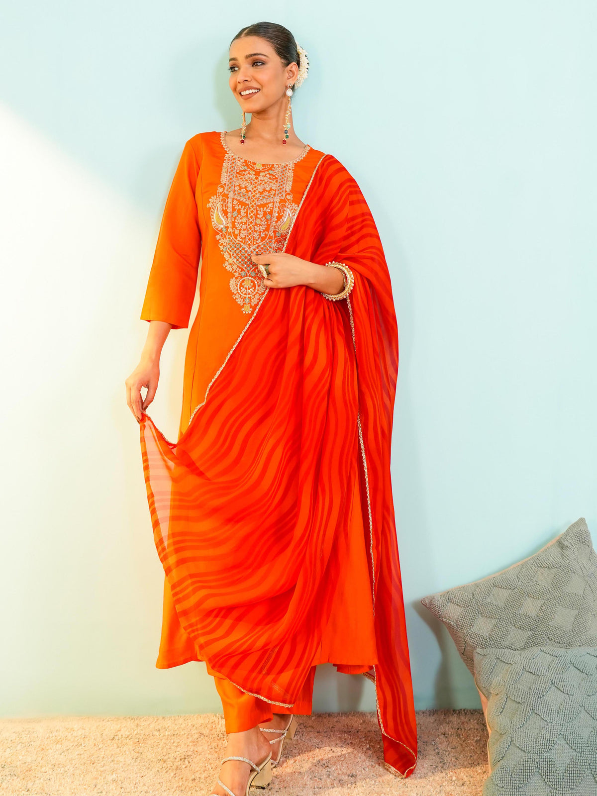Royal Orange Embroidered Anarkali Suit Set