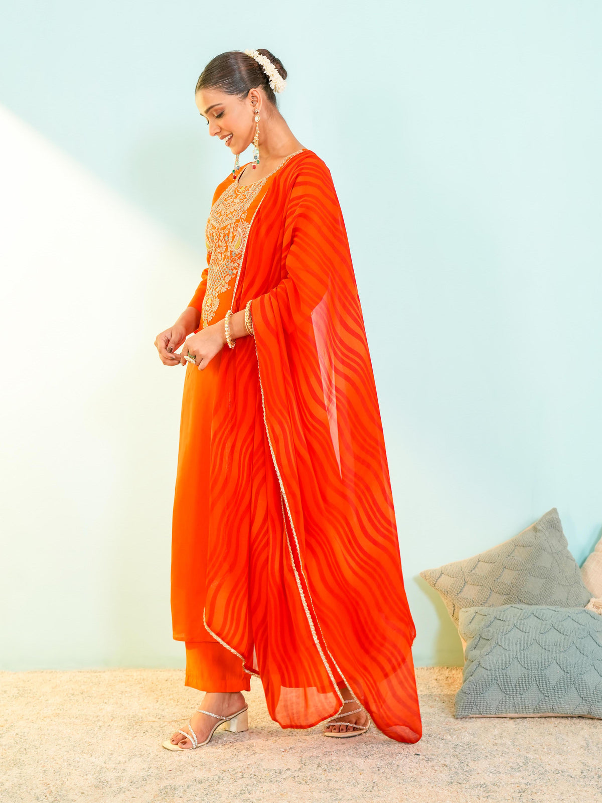 Royal Orange Embroidered Anarkali Suit Set