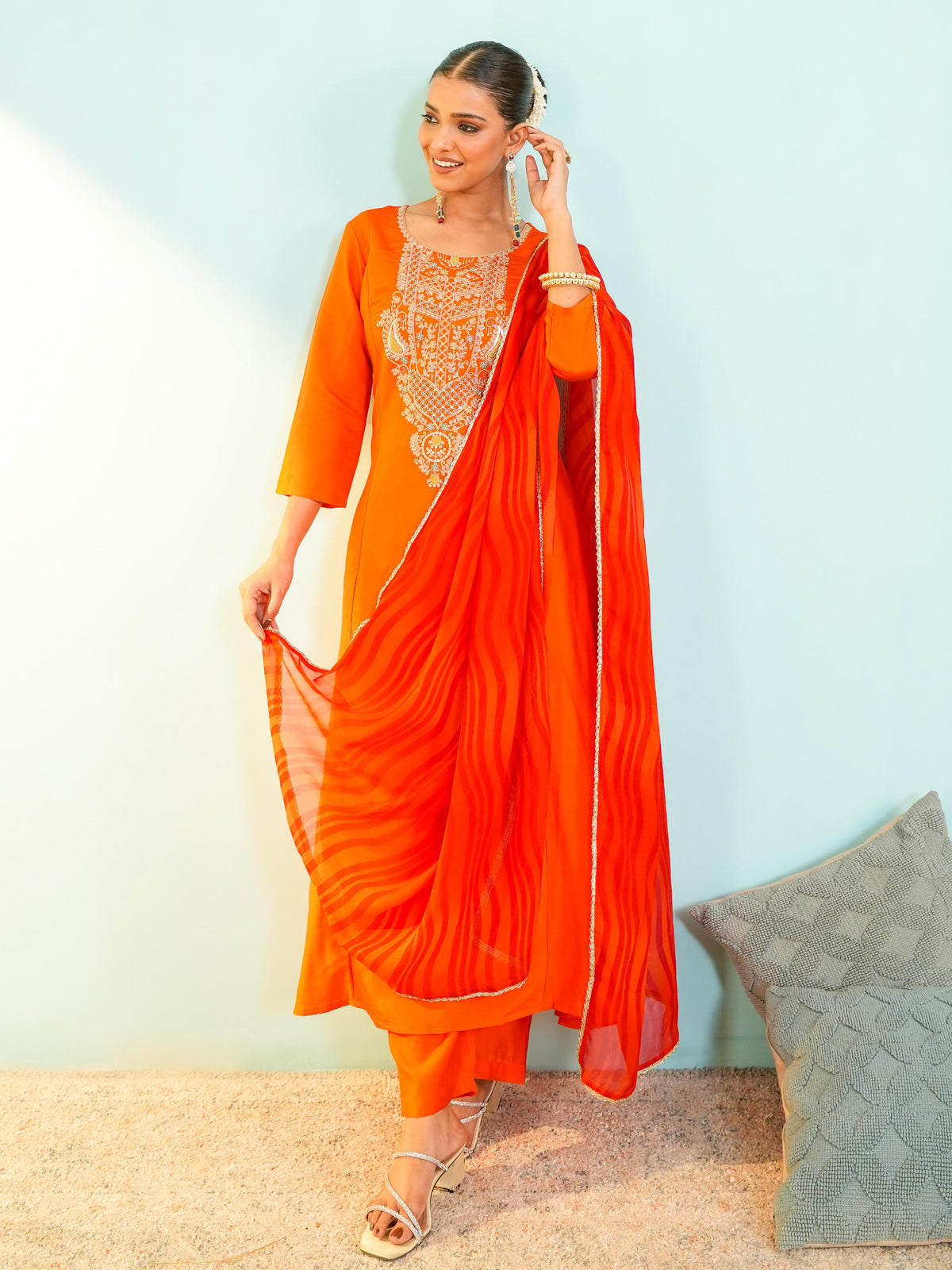 Royal Orange Embroidered Anarkali Suit Set
