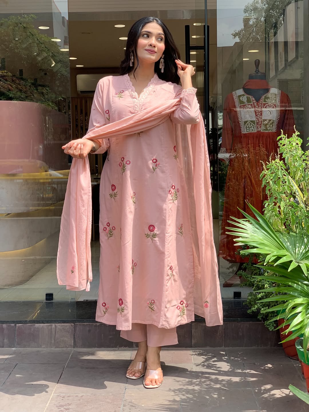 Peach Bloom Floral Thread Embroidered Suit Set