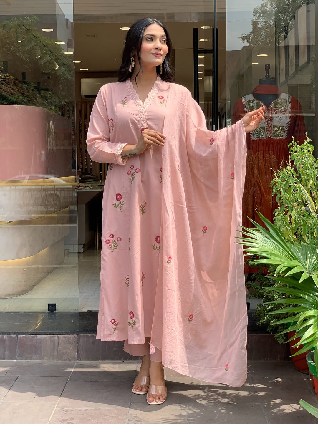 Peach Bloom Floral Thread Embroidered Suit Set