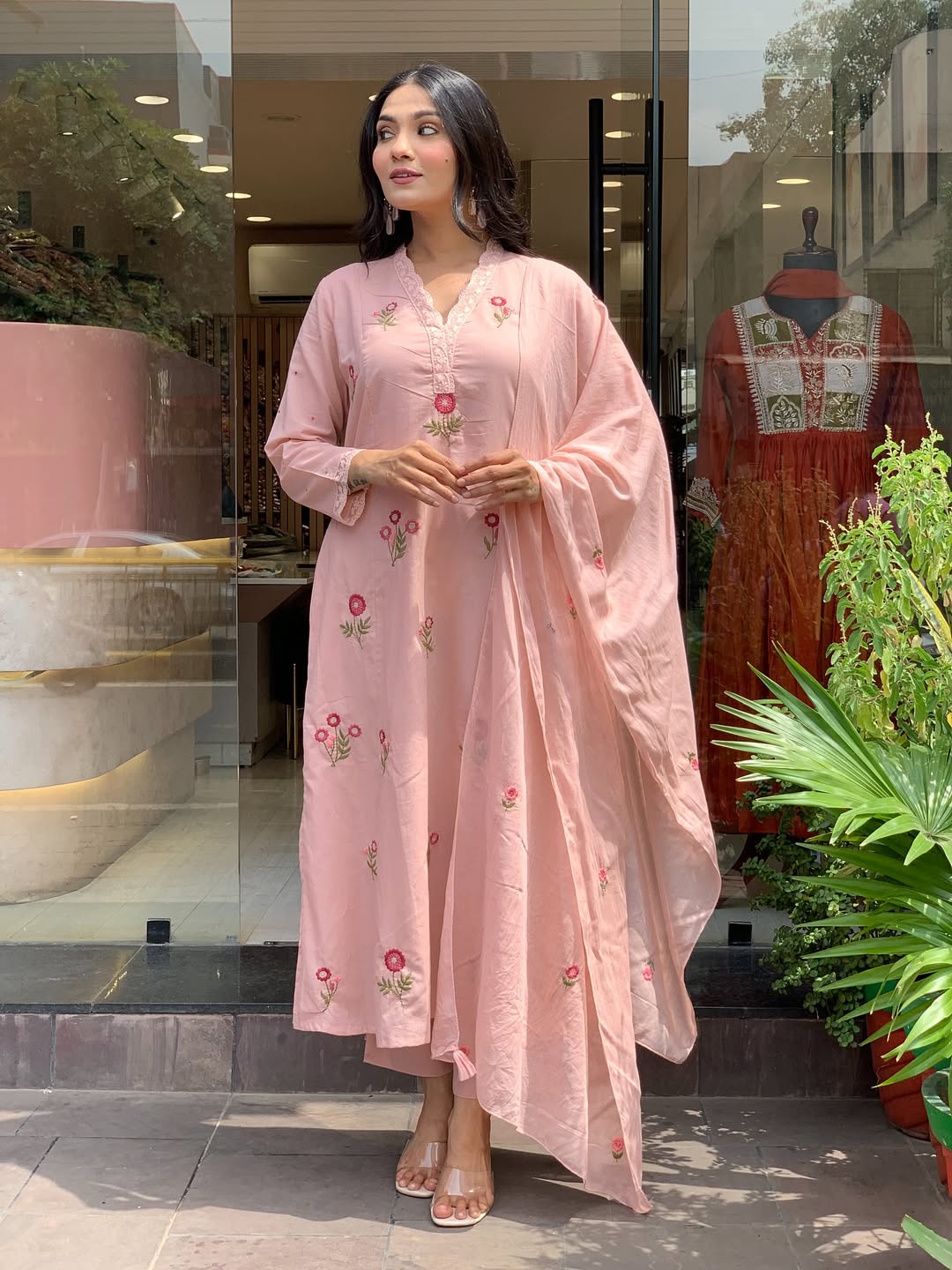Peach Bloom Floral Thread Embroidered Suit Set