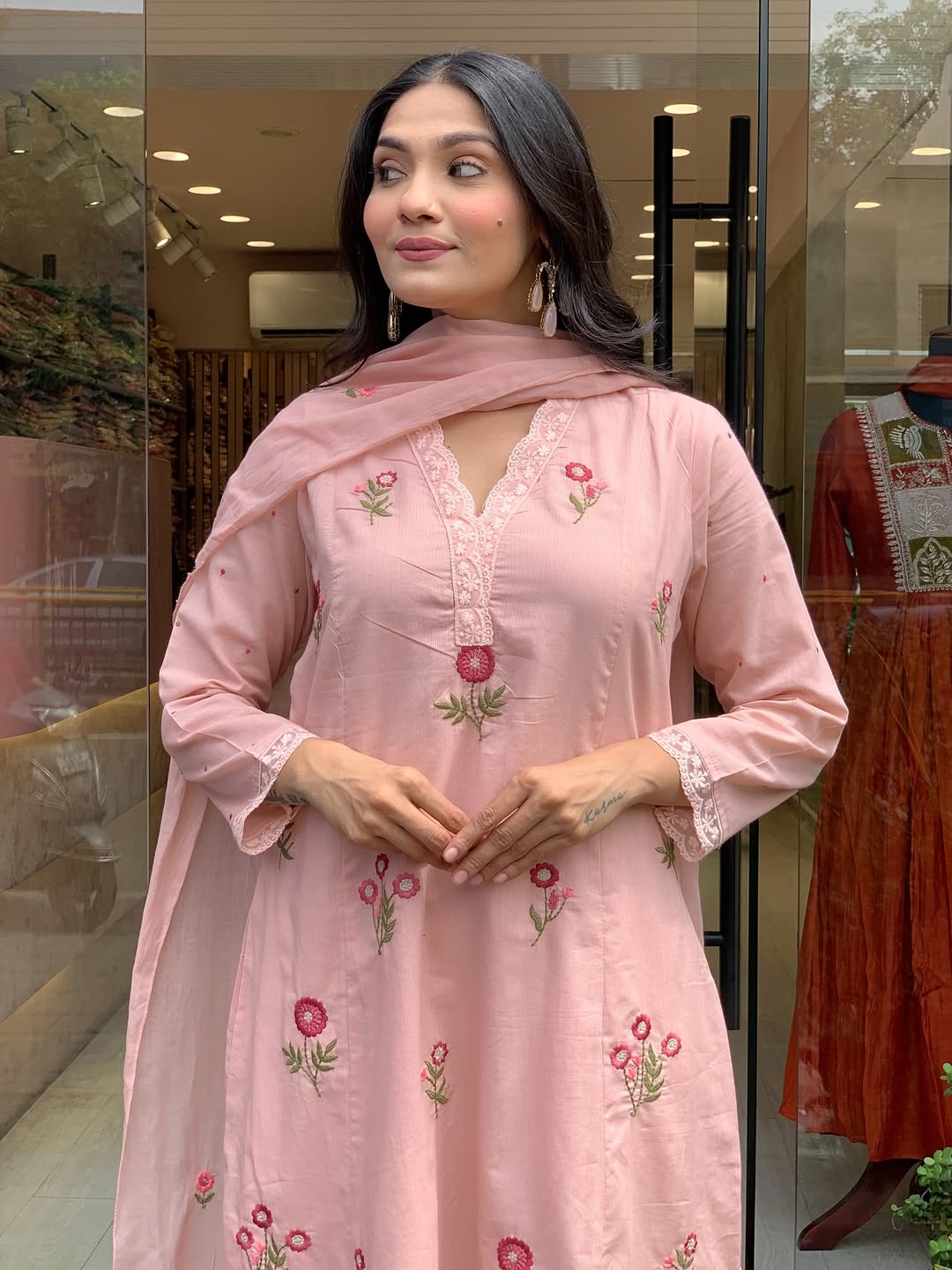 Peach Bloom Floral Thread Embroidered Suit Set