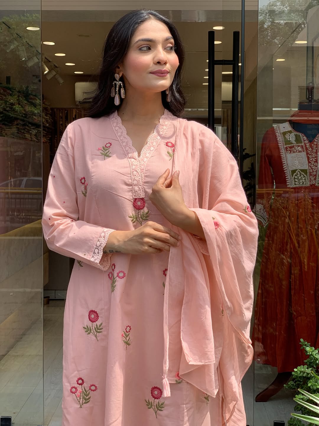 Peach Bloom Floral Thread Embroidered Suit Set