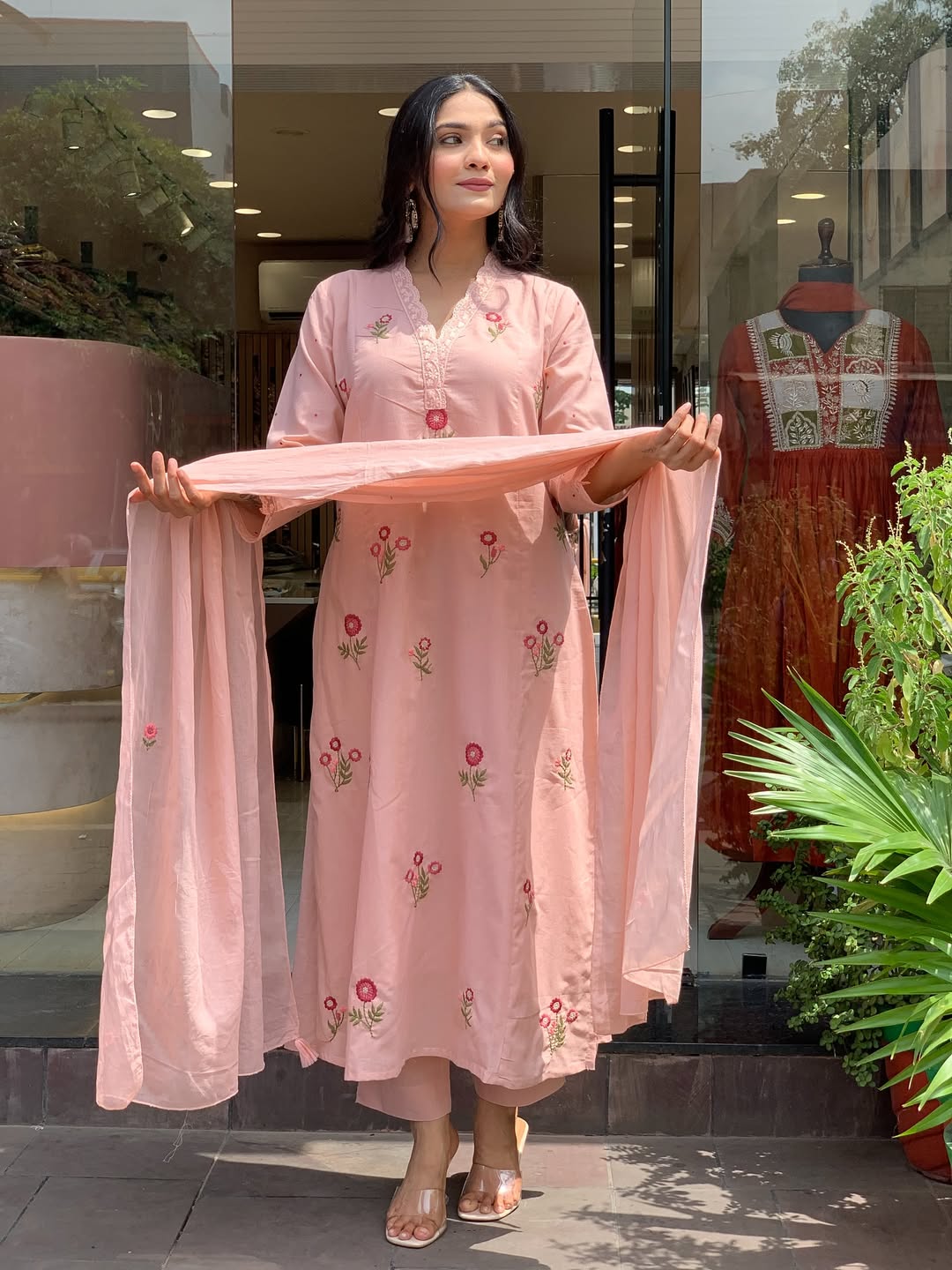 Peach Bloom Floral Thread Embroidered Suit Set