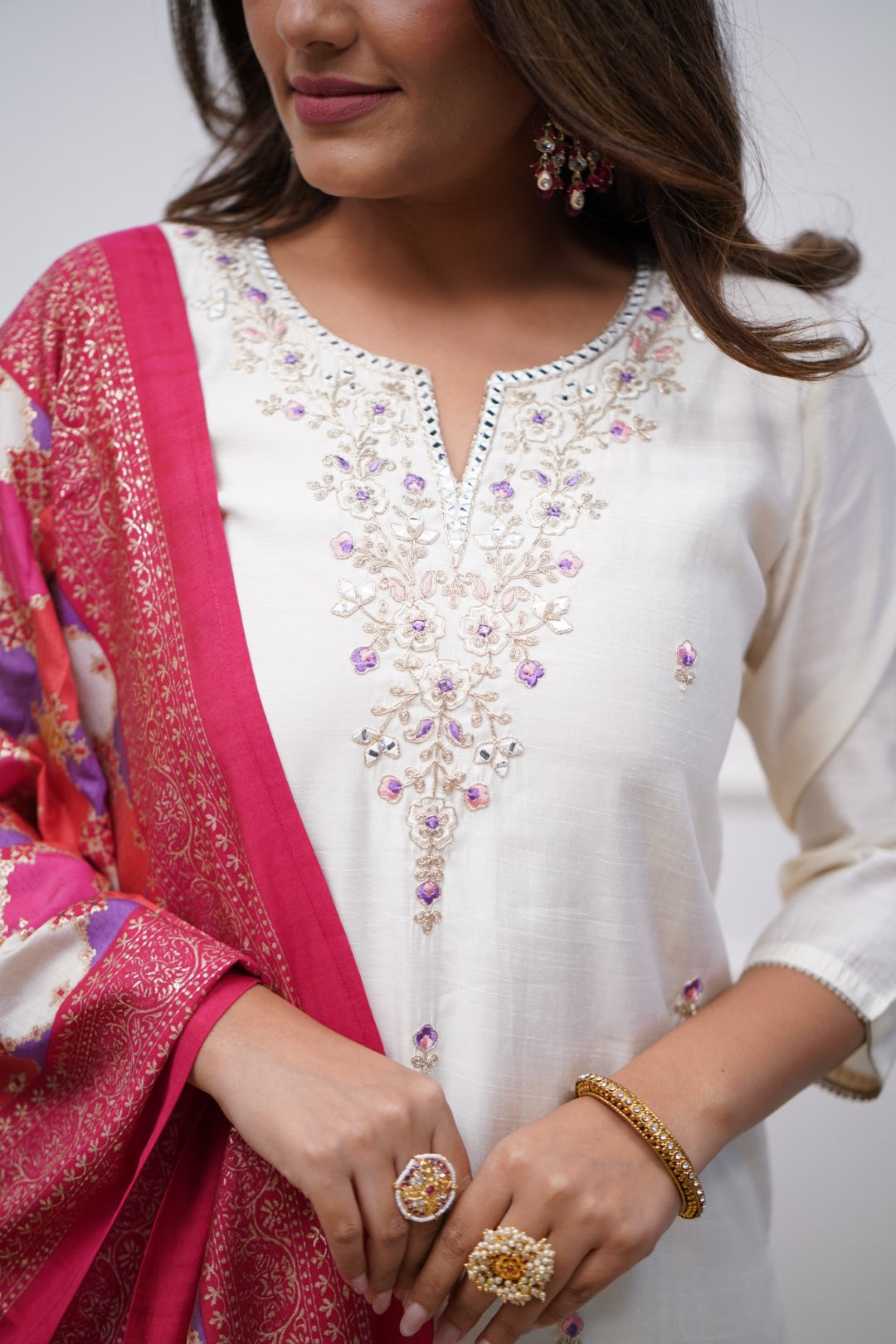 Sensational Off White Trending Viscose Chanderi Embroidary Suit Set