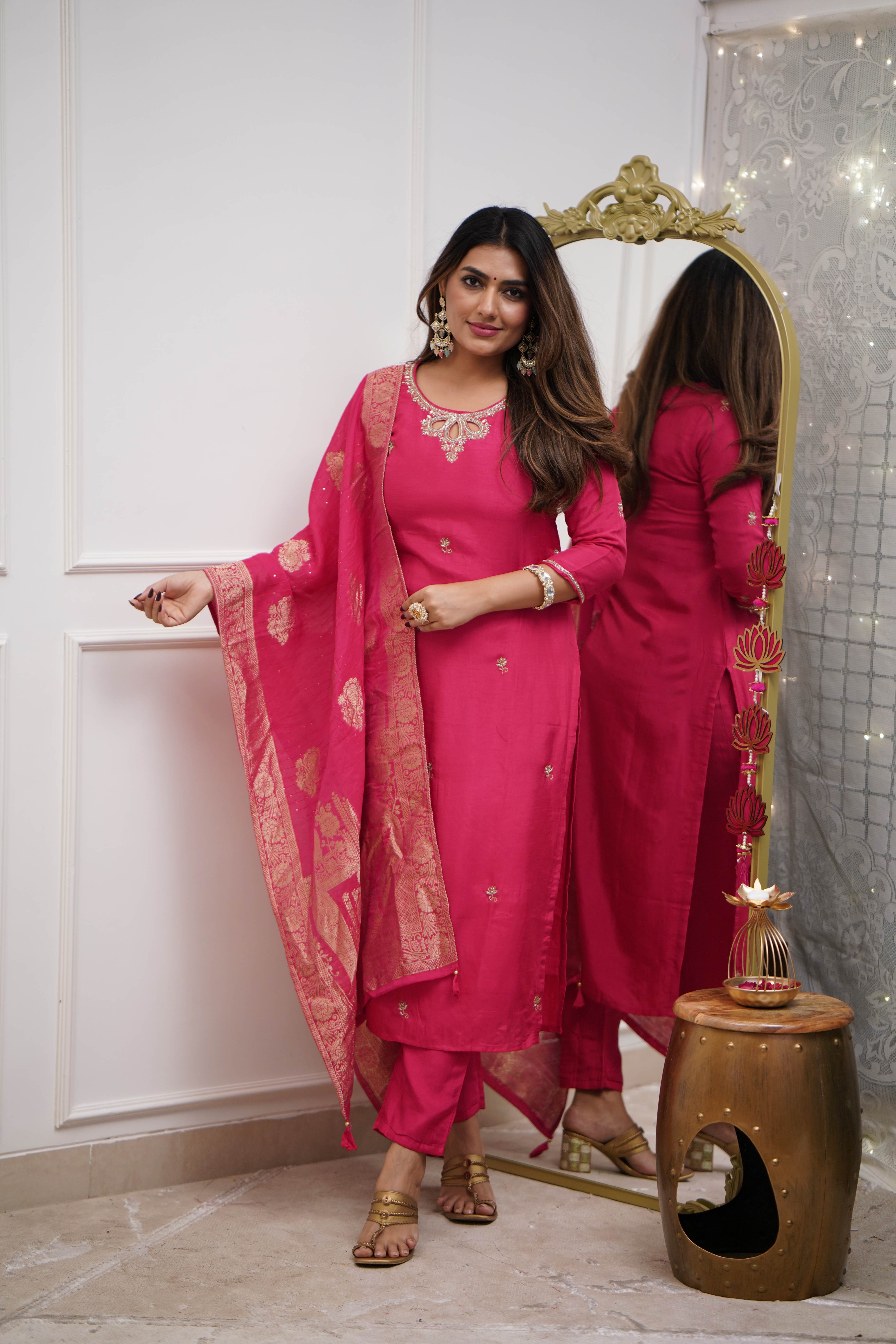 Unique Viscose Chanderi Silk Embroidary Work Suit Set