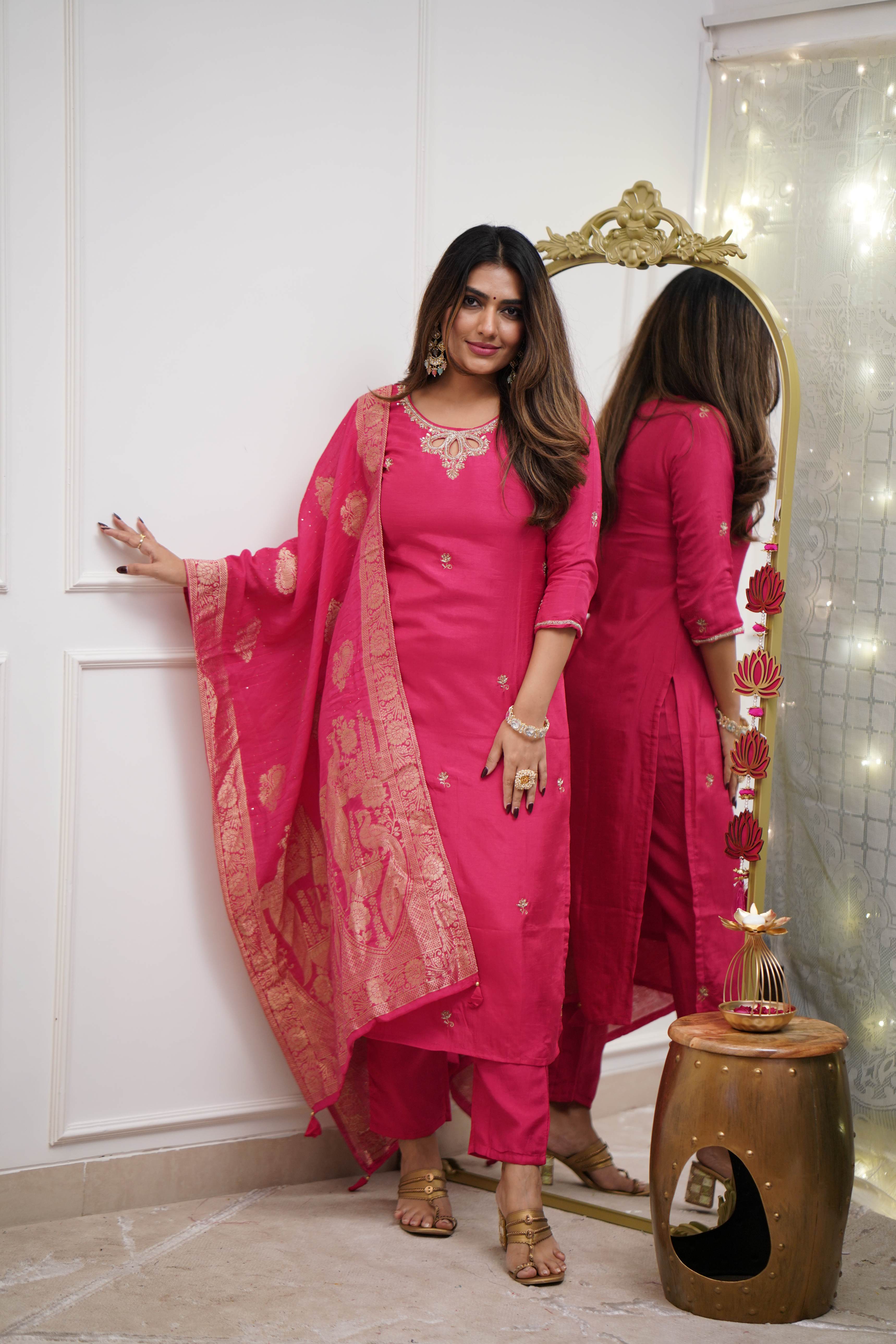 Unique Viscose Chanderi Silk Embroidary Work Suit Set