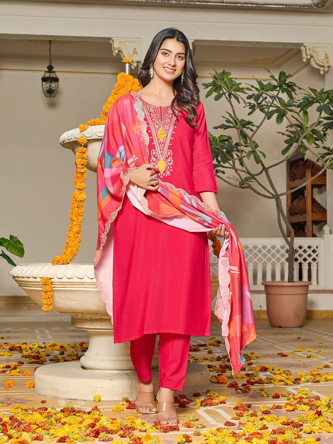 Flamboyant Red Beautiful Viscose Silk Suit Set With Heavy Dupatta