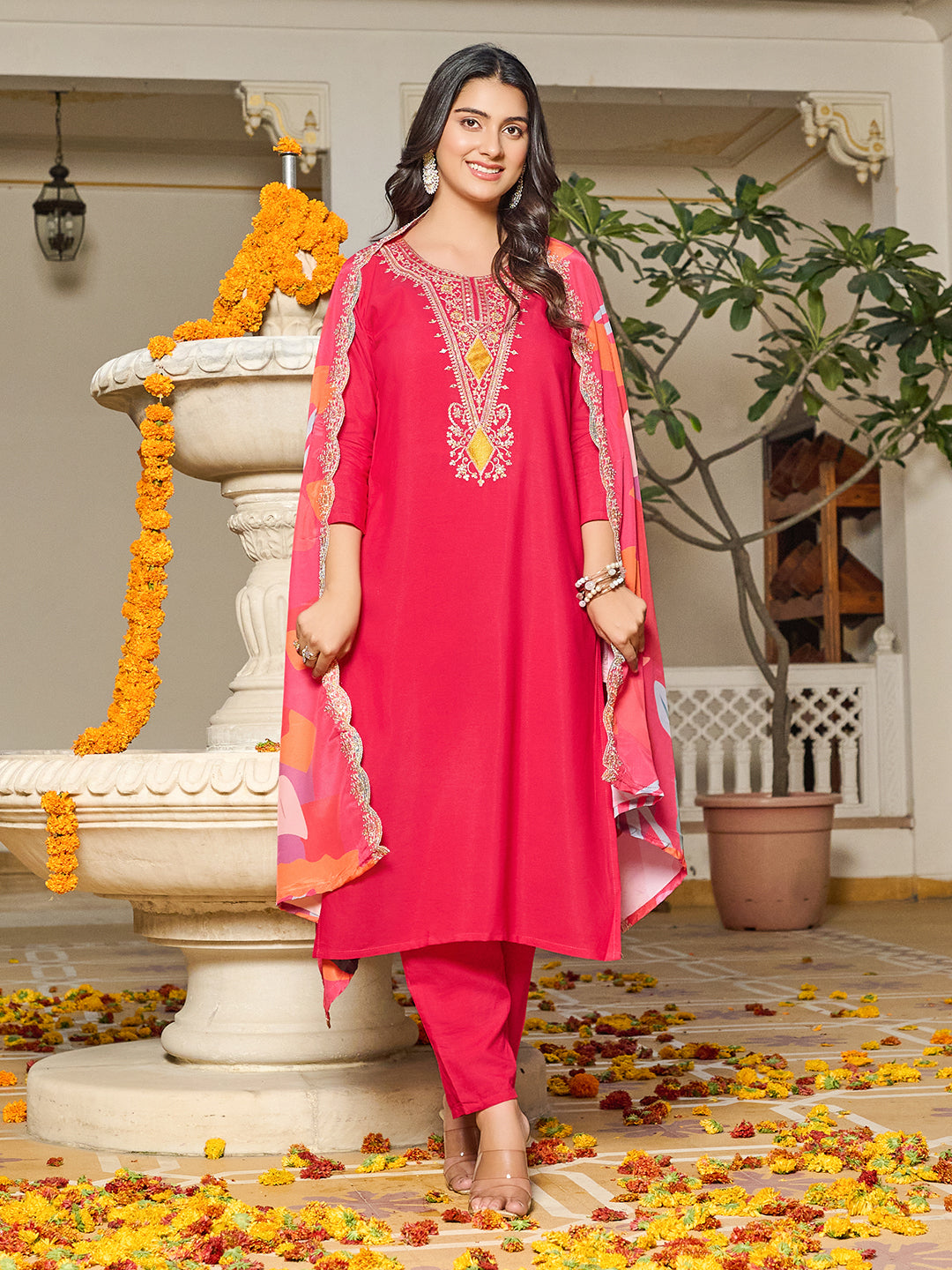 Flamboyant Red Beautiful Viscose Silk Suit Set With Heavy Dupatta