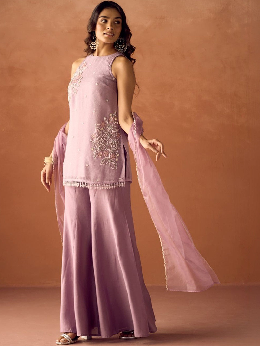 Peehu Mauve Onion Floral Embroidered Suit Set