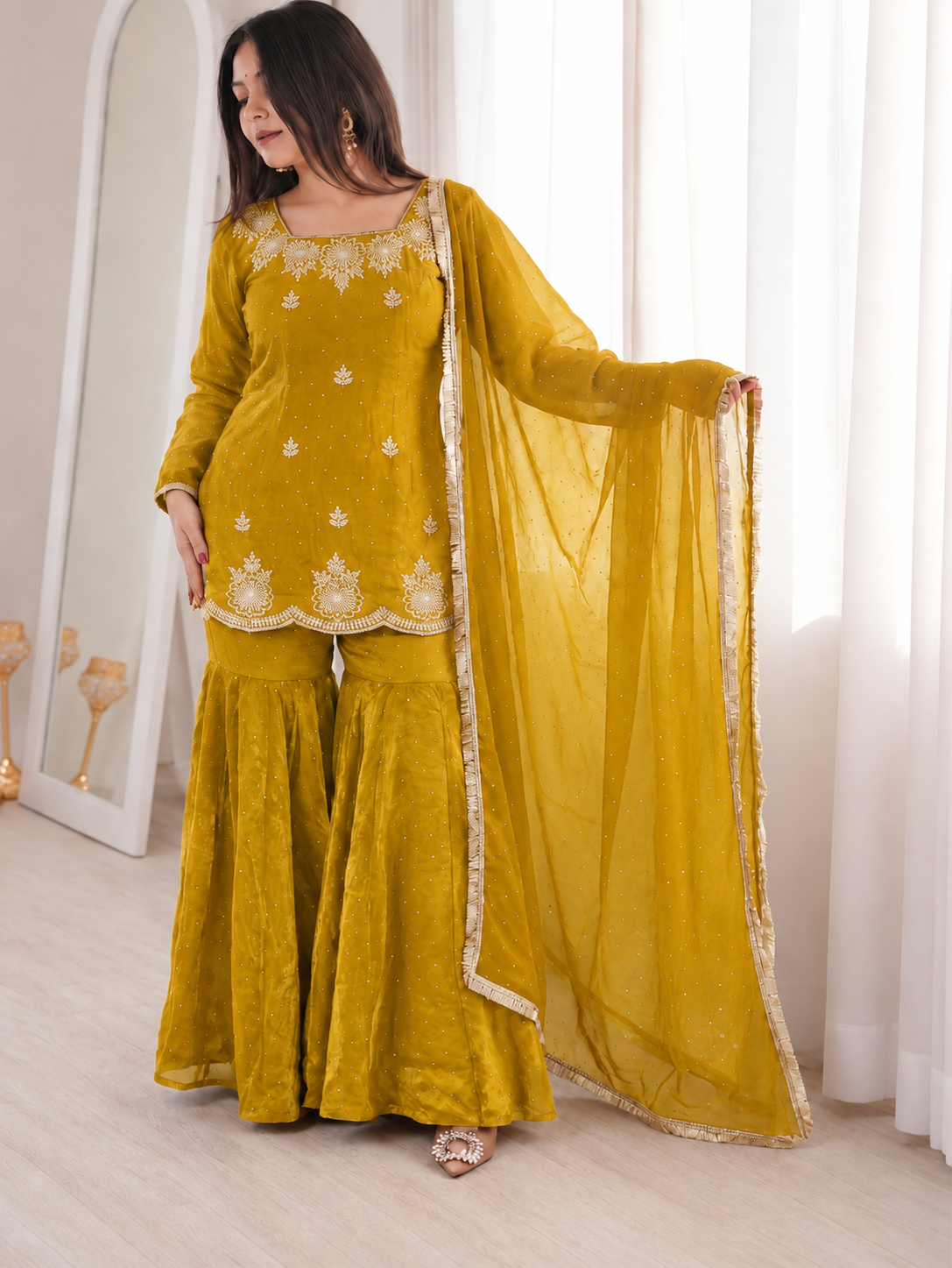 Risha Mustard Yellow Zari Embroidered Suit Set