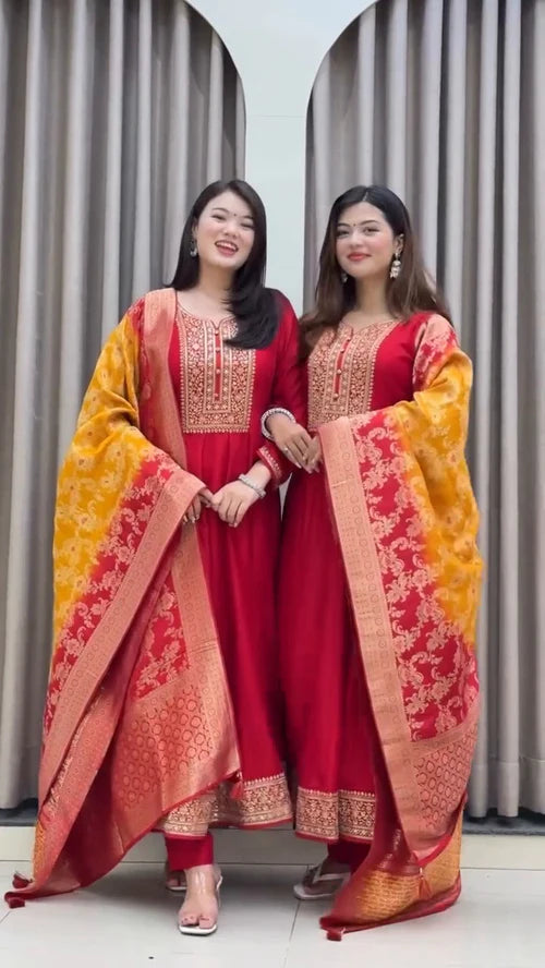 Beautiful Anarkali Silk Suit Set with Banarasi Dupatta